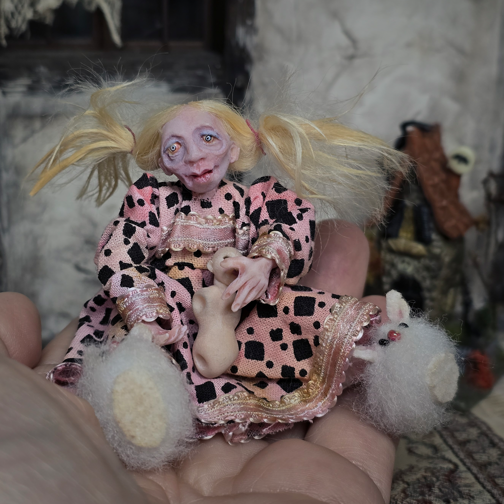 Creepy Seated Clay Little Girl Child Doll OOAK Vintage Hand Sculpted Dollhouse Miniature