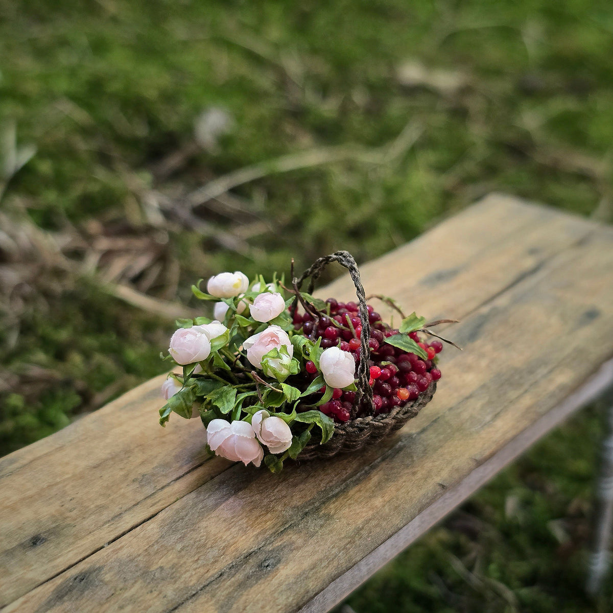 Gosia Suchodolska IGMA Miniature Pale Blushed Peony & Wild Cherry Basket Exclusive