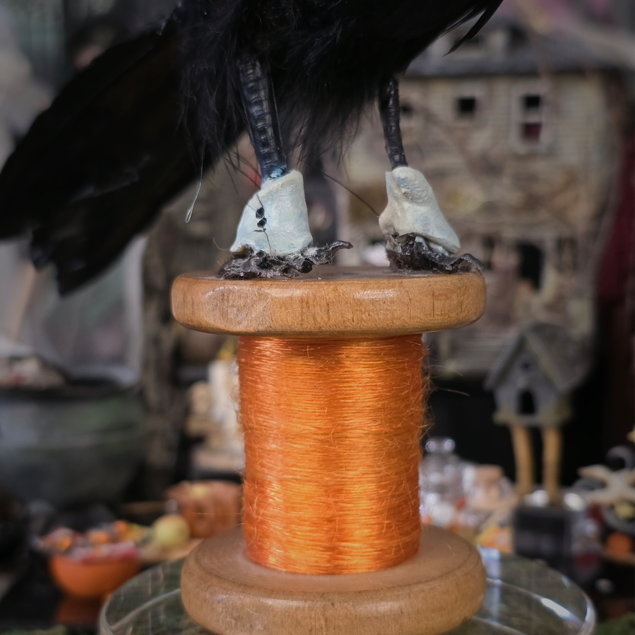 Raven Crow Bird Sculpture OOAK Sculpted Halloween Art on Vintage Thread Spool, Human Face