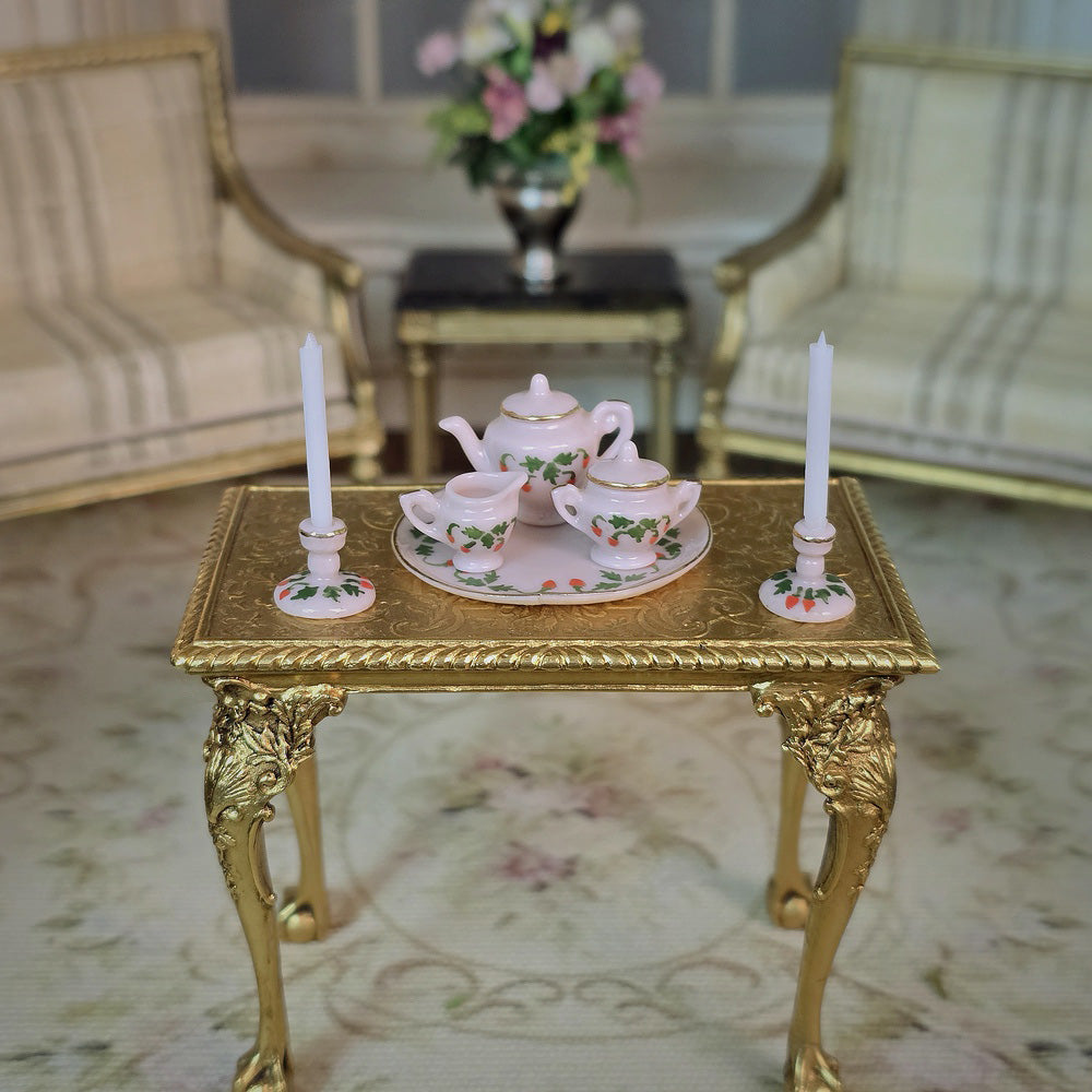 OOAK 7-Pc Pink Strawberry Tea Service with Candlesticks Dollhouse Miniature Set