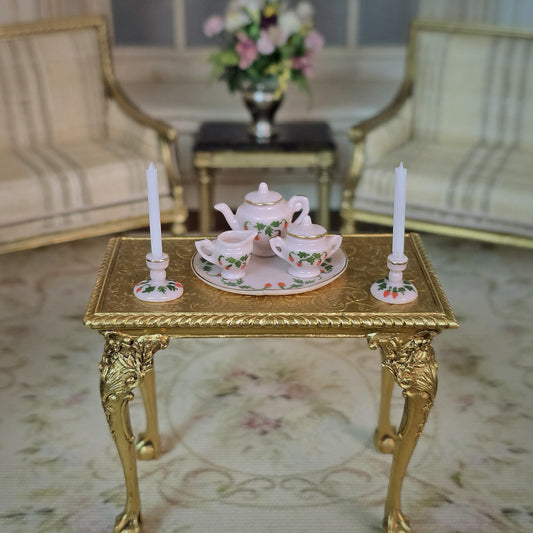 OOAK 7-Pc Pink Strawberry Tea Service with Candlesticks Dollhouse Miniature Set