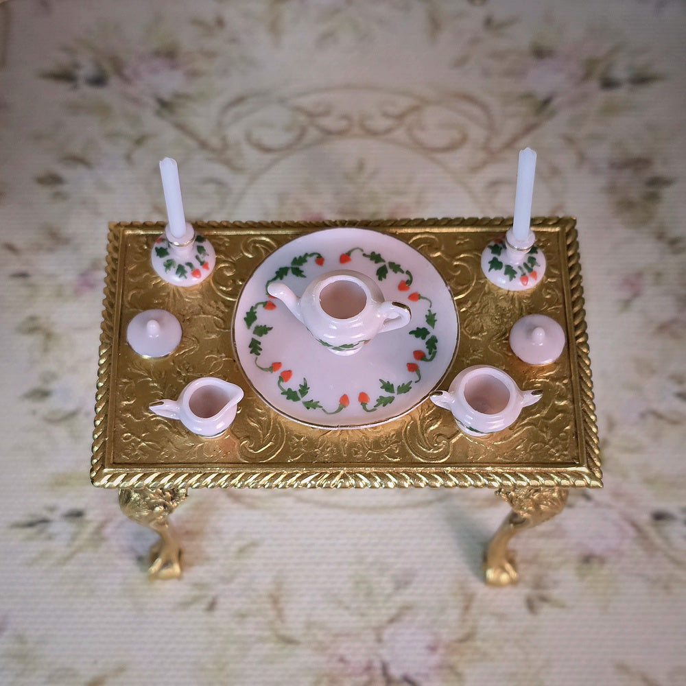 OOAK 7-Pc Pink Strawberry Tea Service with Candlesticks Dollhouse Miniature Set