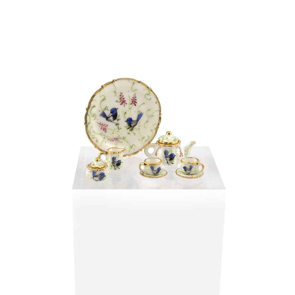 Beate Wickert OOAK Blue Songbird Tea Service Dollhouse Miniature Set