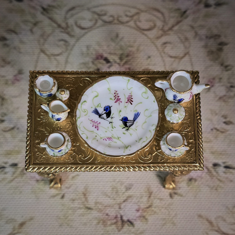 Beate Wickert OOAK Blue Songbird Tea Service Dollhouse Miniature Set