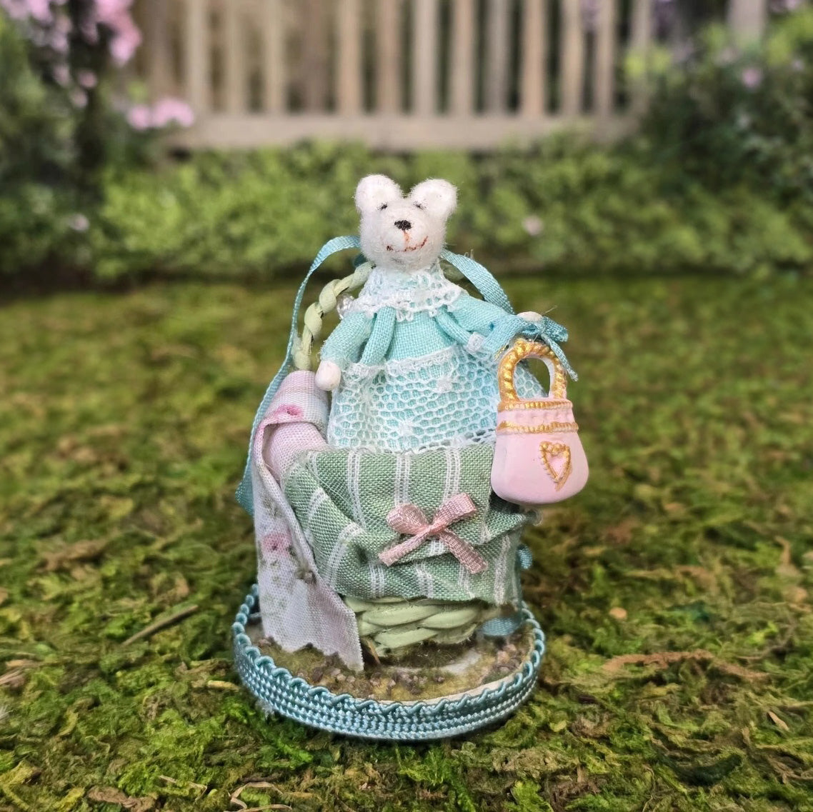 Aurea Spain Teddy Bear Sewing Basket Vignette Miniature Dollhouse 1:12