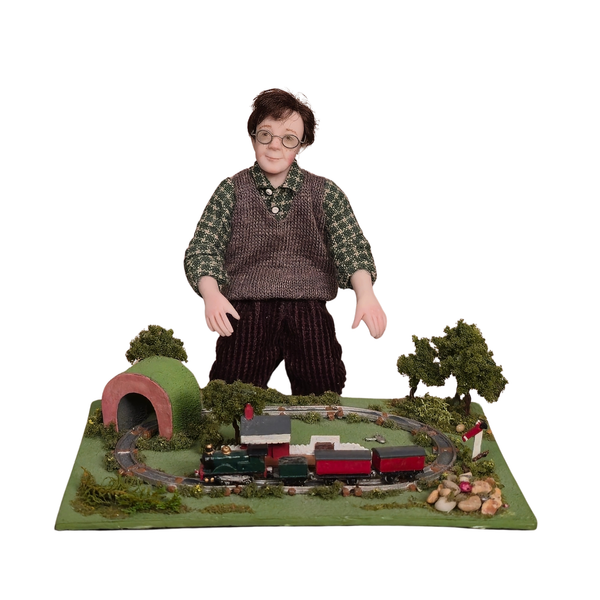 1:12 Scale Young Boy Playing with Train Set by Julie Campbell Miniature Vignette