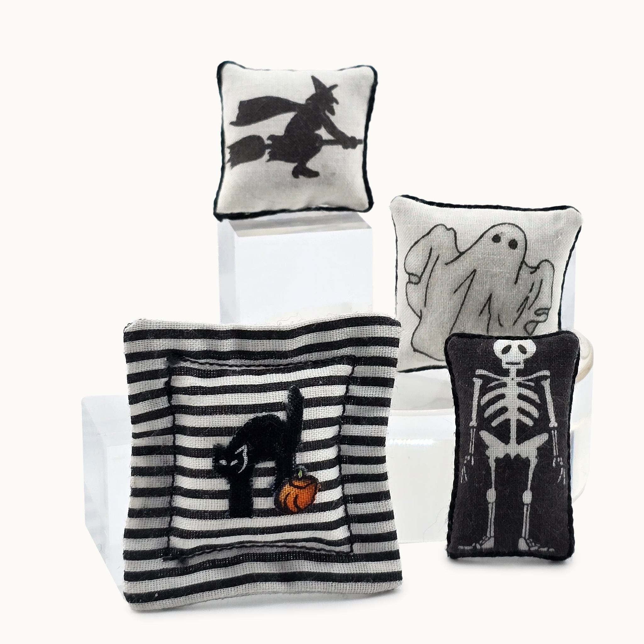 Halloween Black & White Pillow Set Artisan Handmade Decorative Cushions (Set of 4)