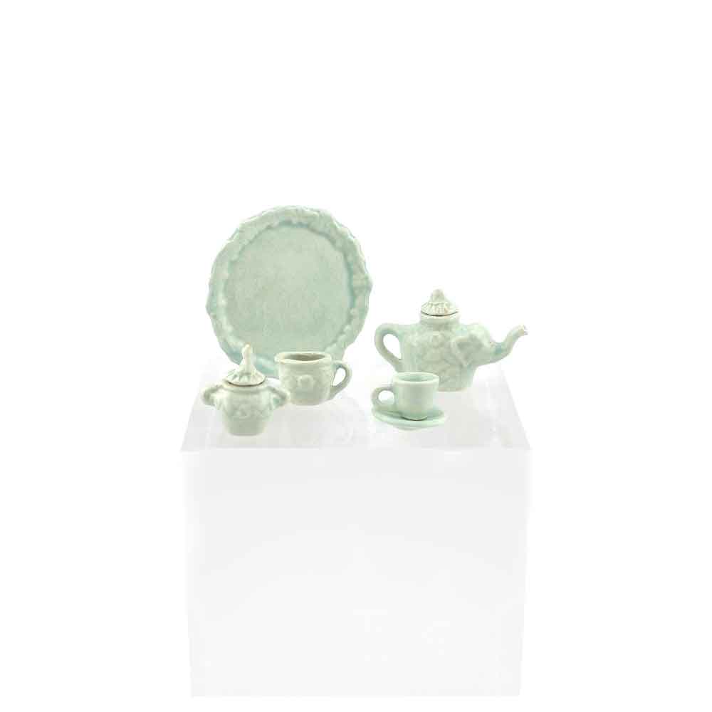 Janice Crawley Celadon Mojolica Style Elephant Porcelain Dollhouse Tea Service 1988