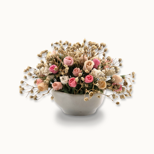 Floral Centerpiece Pink Silk Ribbon Roses & Dried Baby's Breath in White Pot