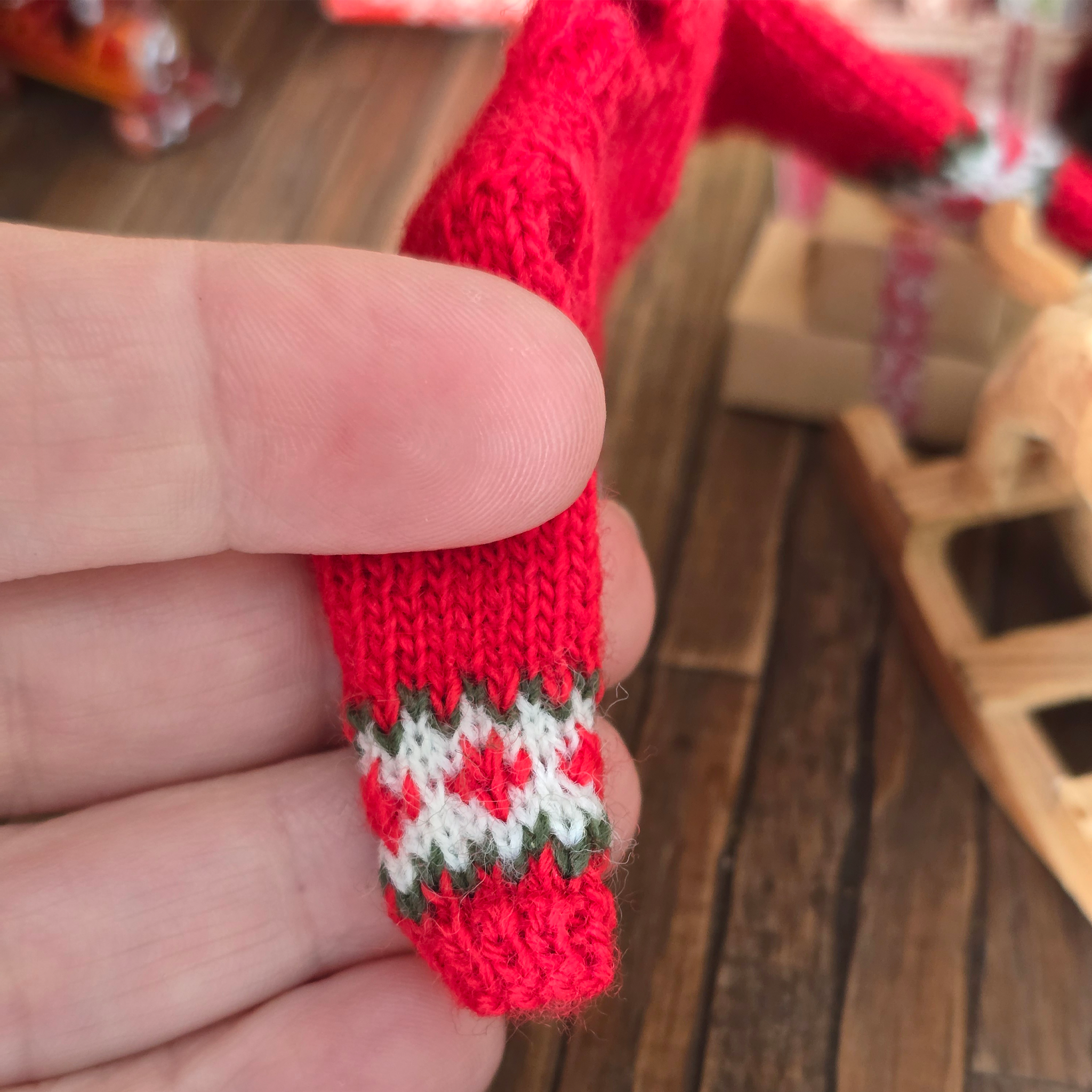 close up of micro knitted design on sleeve,  Dollhouse miniature  sweater ooak