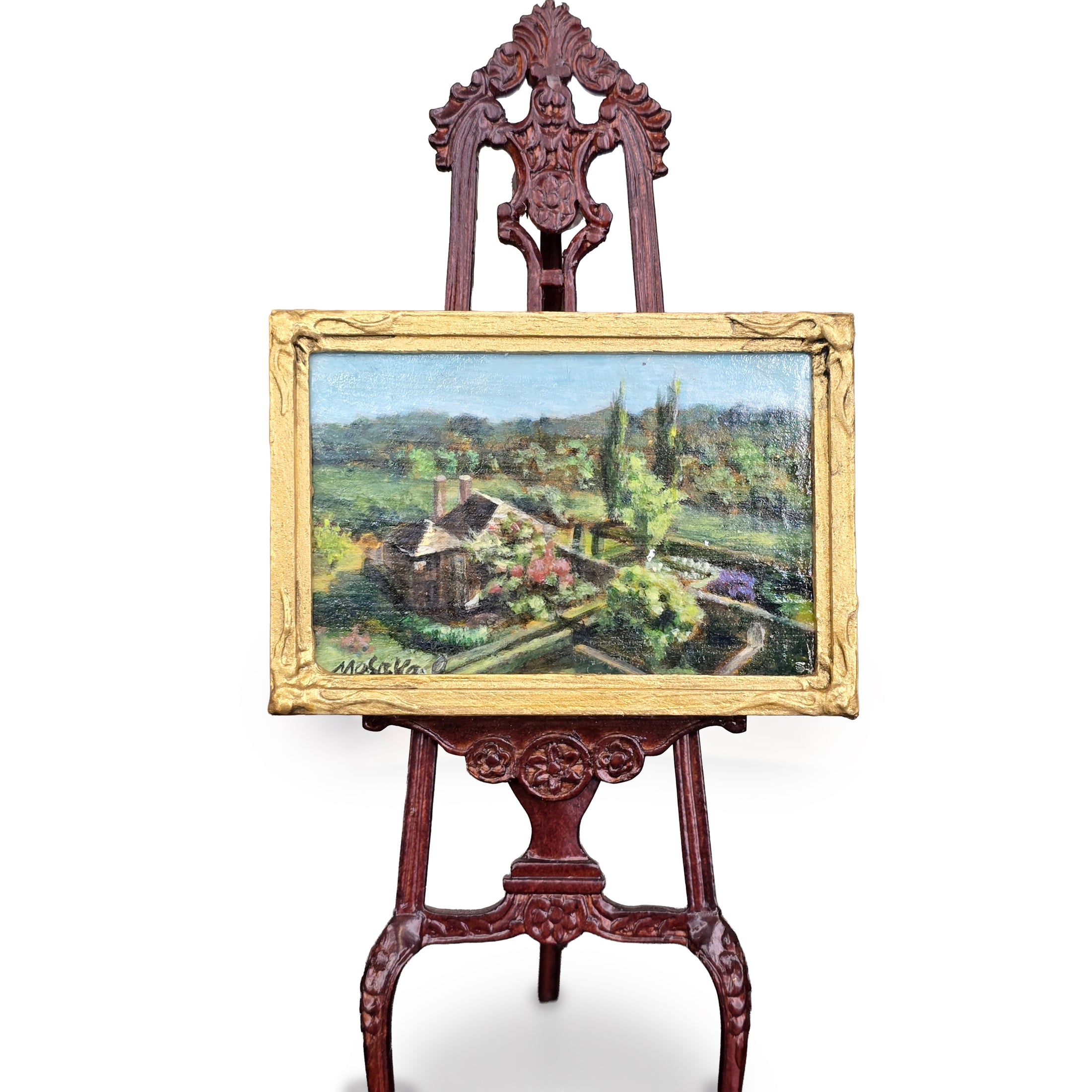1:12 miniature oil painting, Garden in Bloom, by Japanese artisan Masaya Okada, isolated