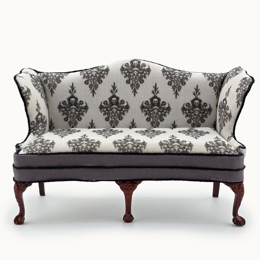Signed Gothic Halloween Five Leg Victorian Sofa OOAK Skull Damask Custom Upholstered Bespaq