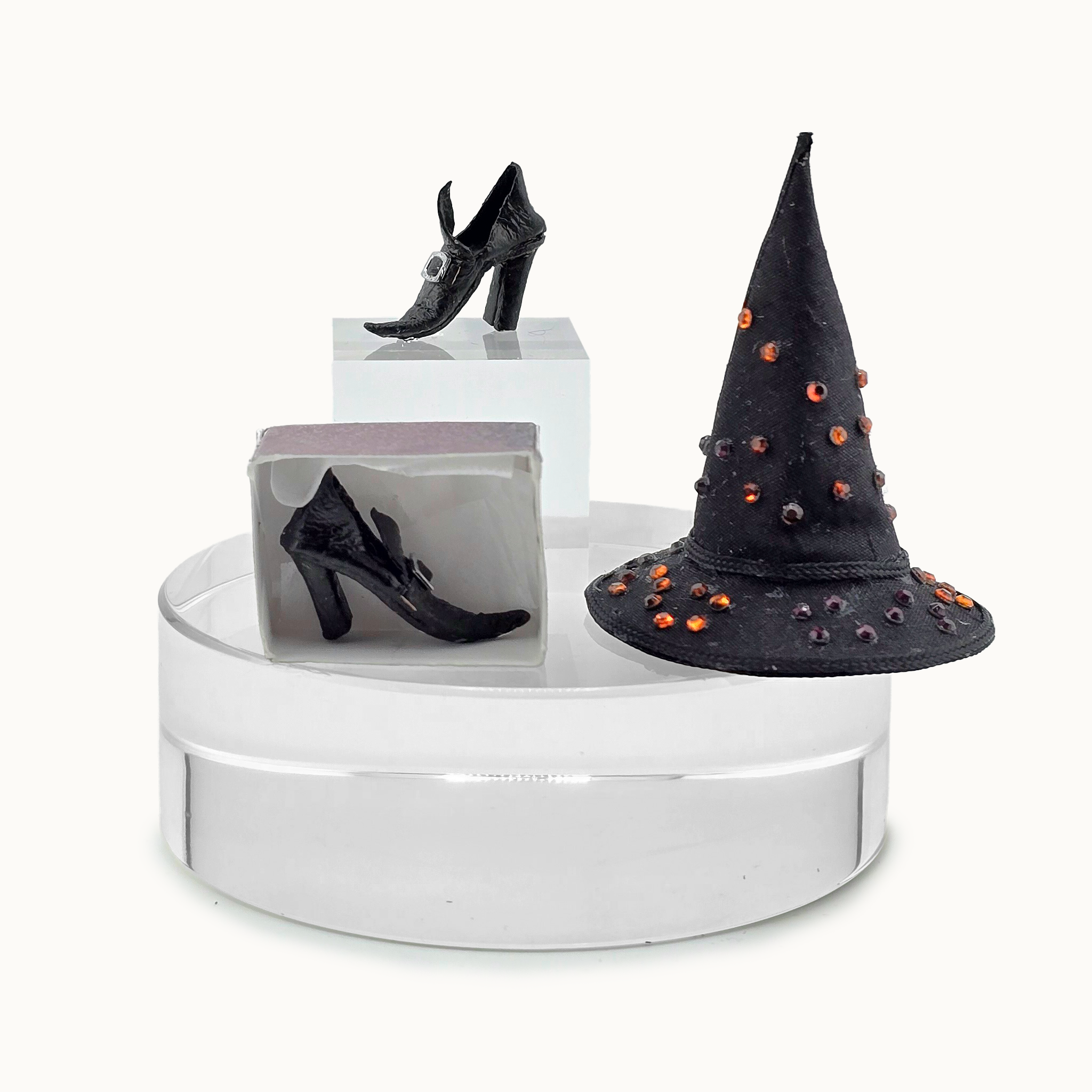 Pair of Black Leather Witch's Shoes and Jeweled Witch's Hat OOAK Halloween Fashion Accessories