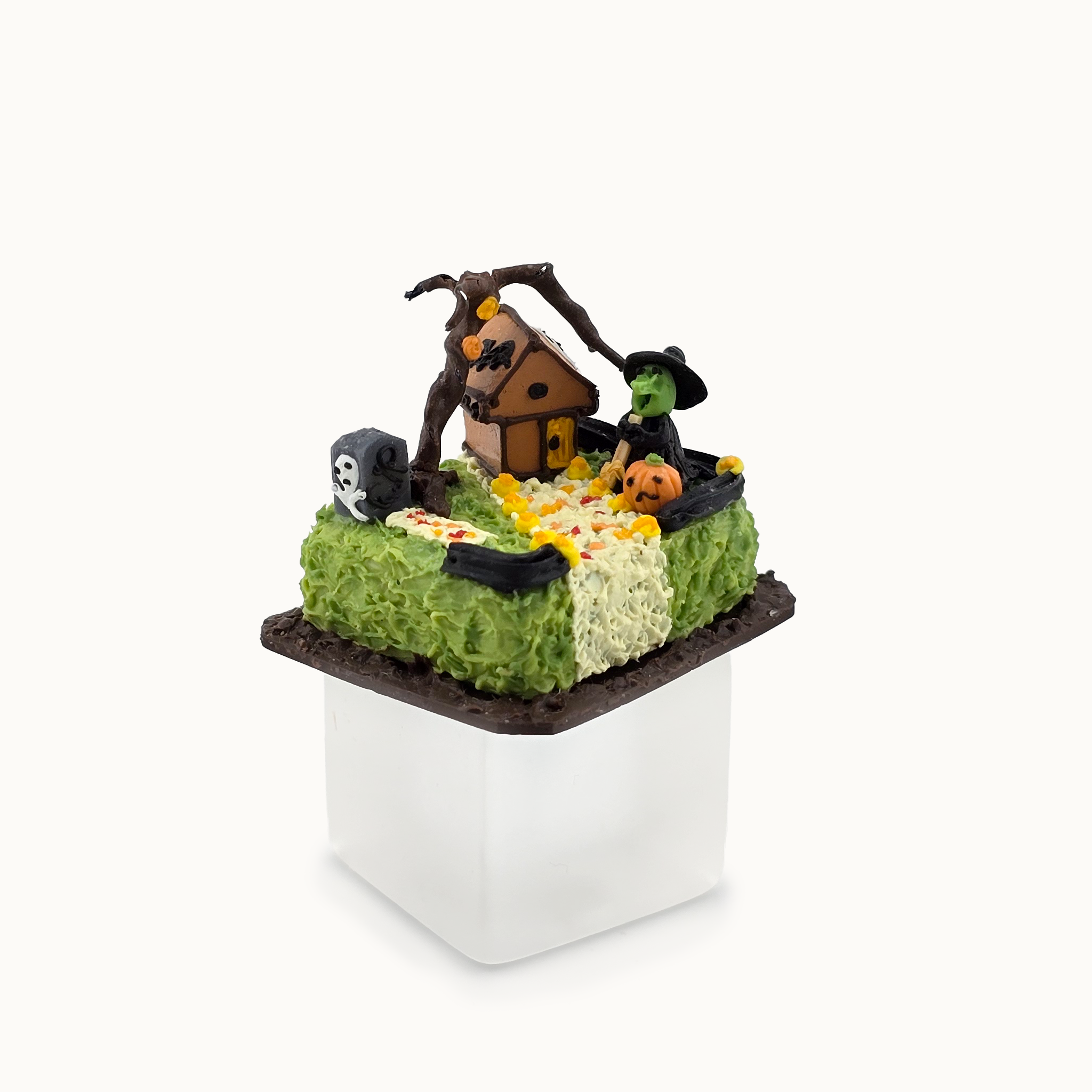 Halloween Cake OOAK Miniature with Haunted House, Tombstone, Pumpkin & Witch Fall Decor