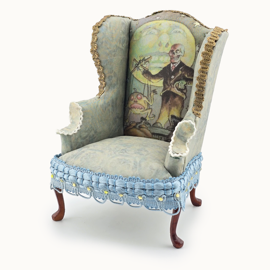 Custom Gothic Wingback Armchair Artist Signed OOAK Custom Upholstery of Halloween Skeleton