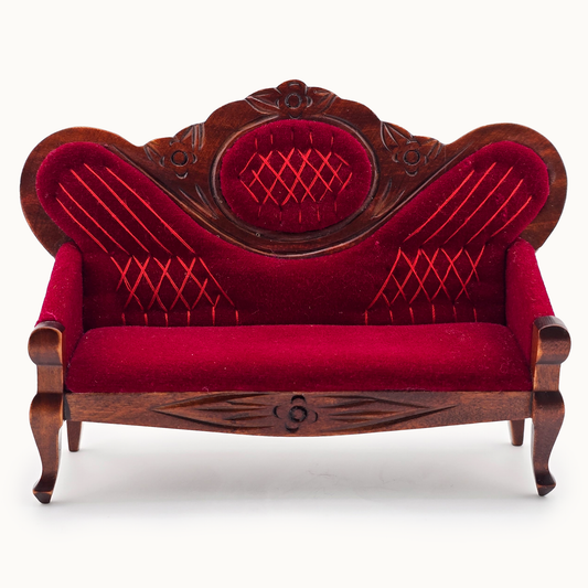 Victorian Red Velvet Upholstered Sofa OOAK Carved Miniature with Hand Tufted Details