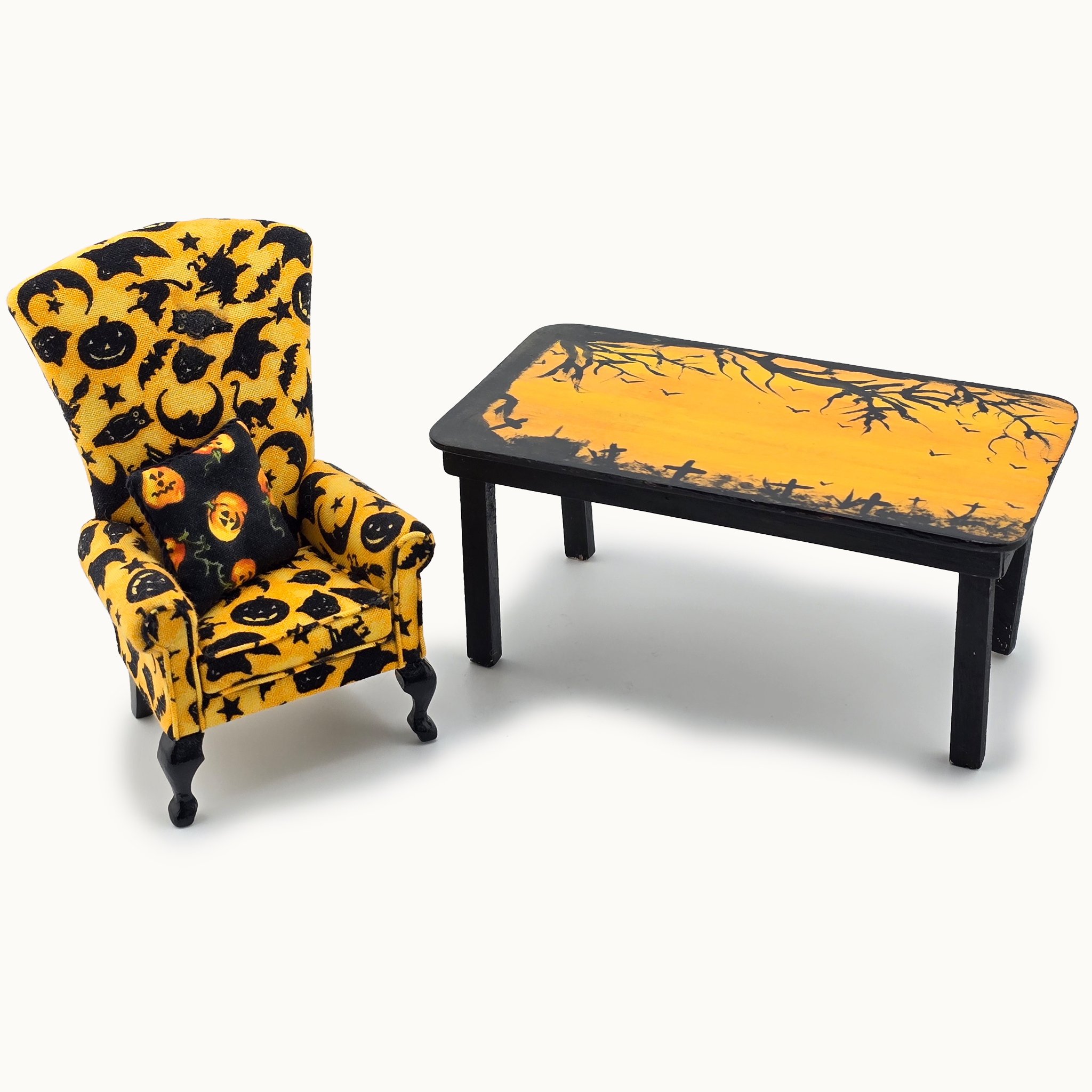 Kris Compas Yellow & Black Upholstered Halloween Print Wing Back Armchair, Pillow & Table