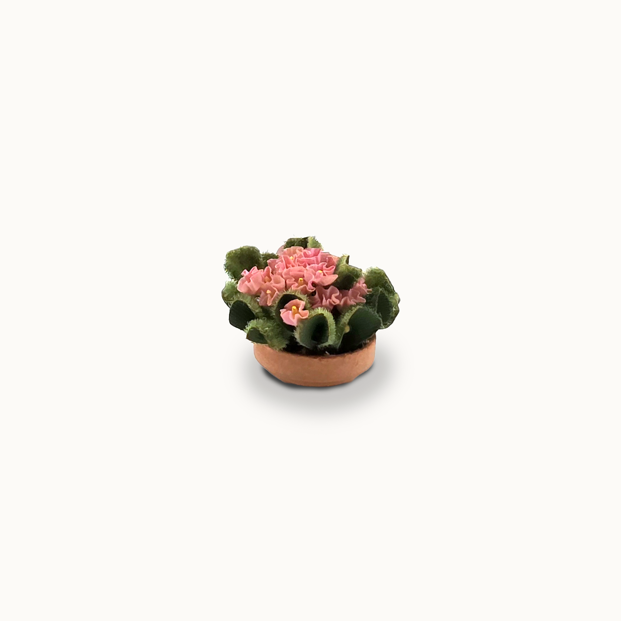 Flowering Pink African Violet Plant in Planter Pot Fuzzy Leaves Artisan Vintage