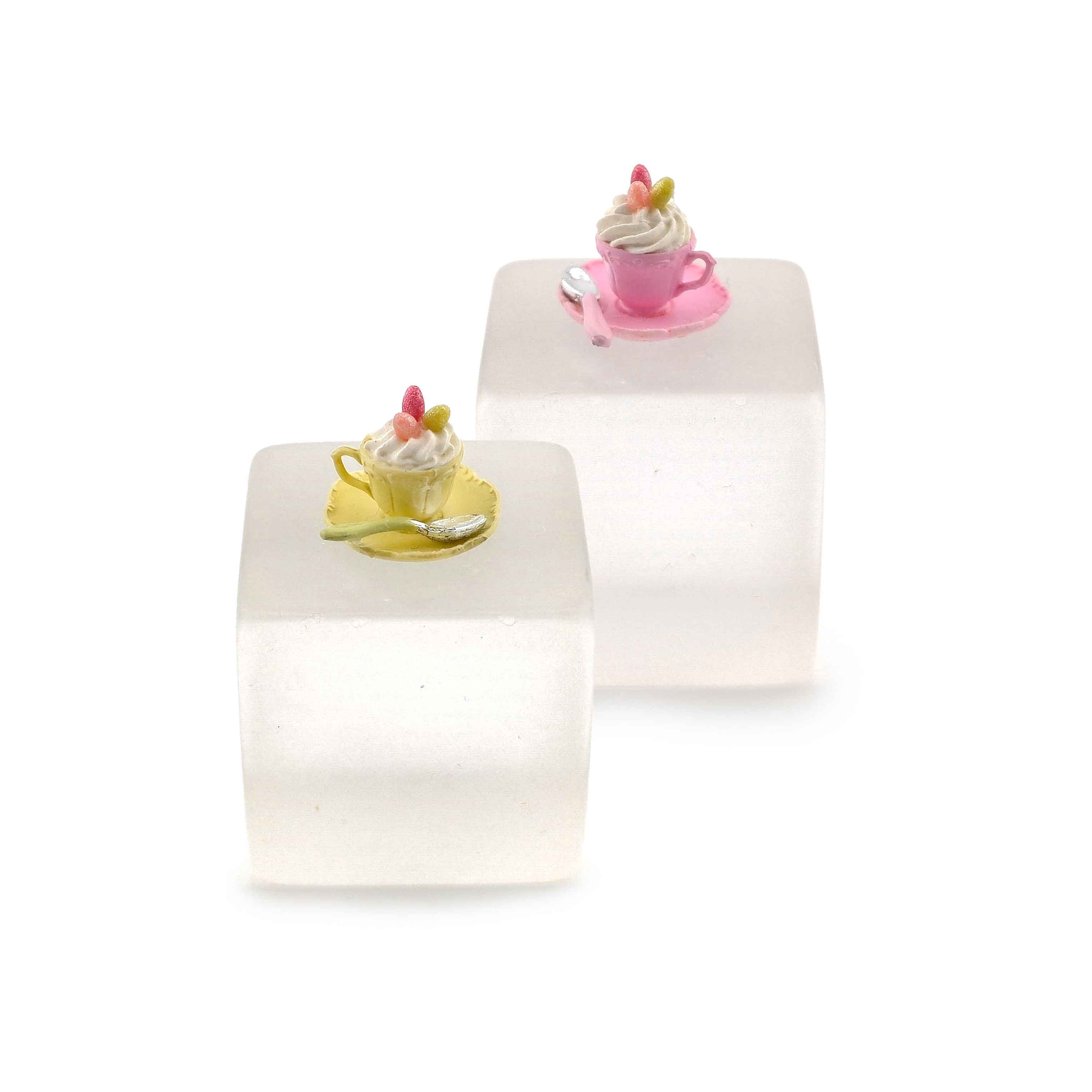 Pair Pink & Yellow Easter Teacups with Whipped Cream & Jelly Beans Paris Miniatures