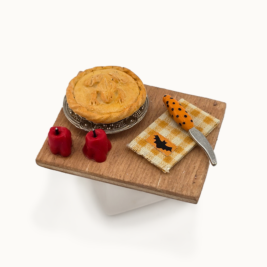 Fall Dessert Baking Diorama OOAK Miniature with Rustic Frog Pie, Candied Apples & Bat Towel
