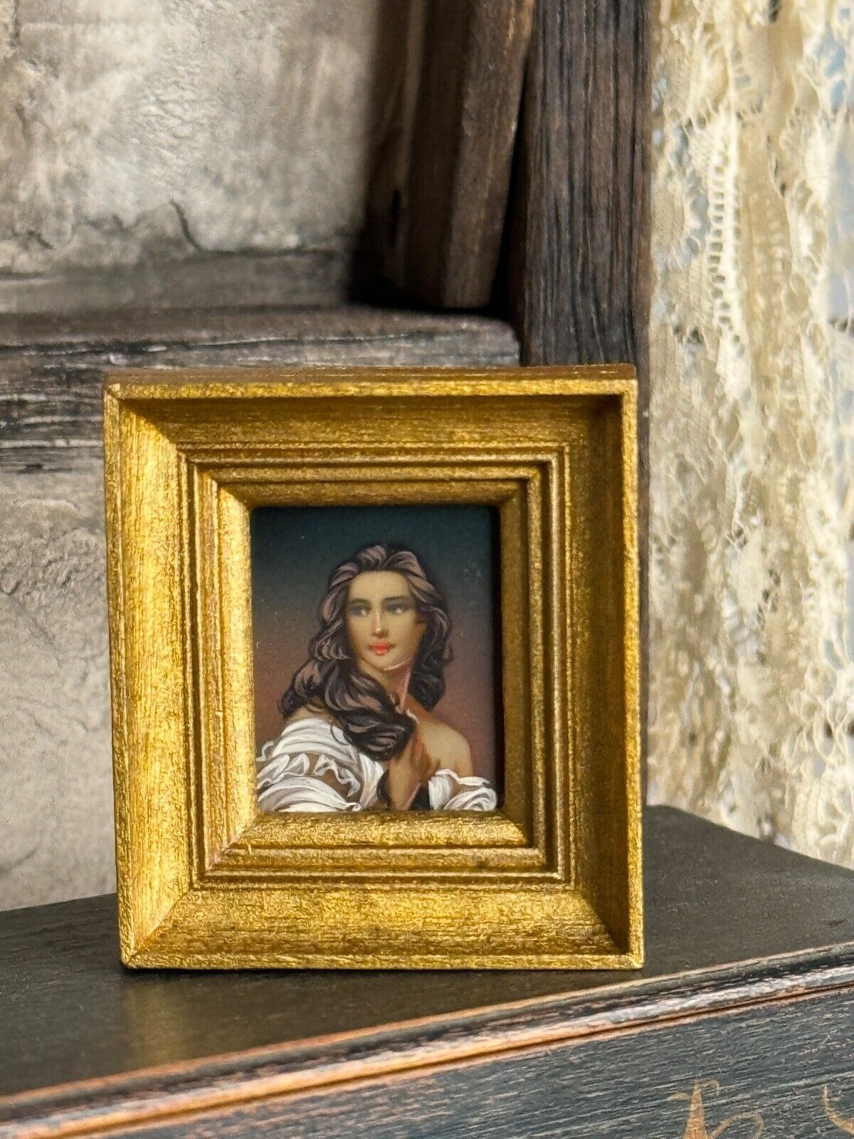 Dollhouse Mystery Artisan Framed Oil Painting Portrait of a Lady