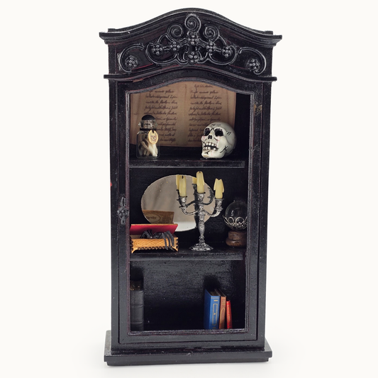 Dressed Wooden Halloween Spooky Bookcase Diorama Miniature Haunted Cabinet with Magical Contents