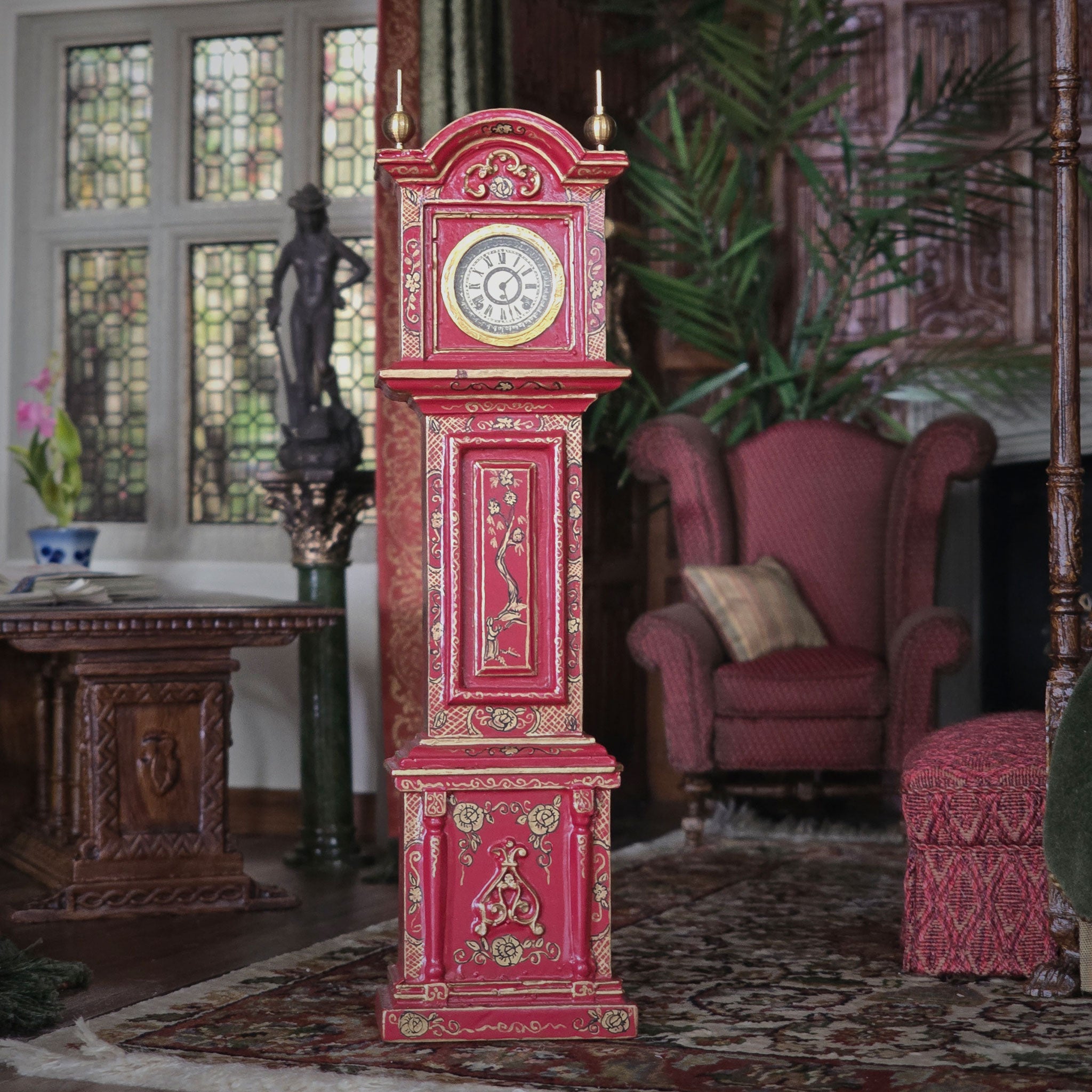 Pollie Simpson Gilt Red Hand Painted Chinese Asian Oriental Chinoiserie Grandfather Clock 1979