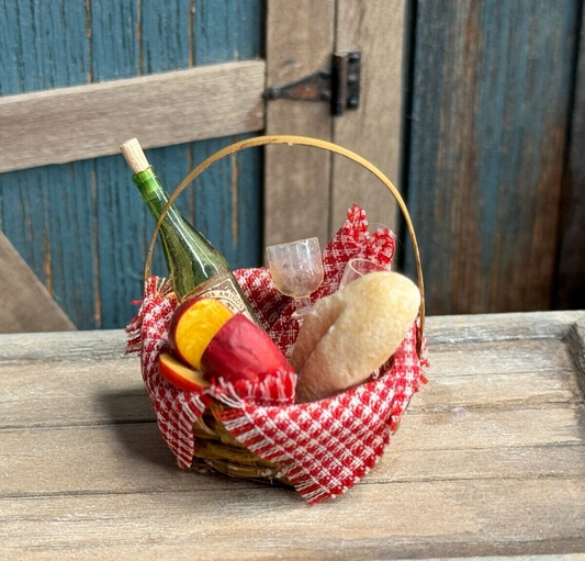 Vintage Miniature Artisan Dollhouse Wine, Cheese & Bread Picnic Basket Diorama, front view