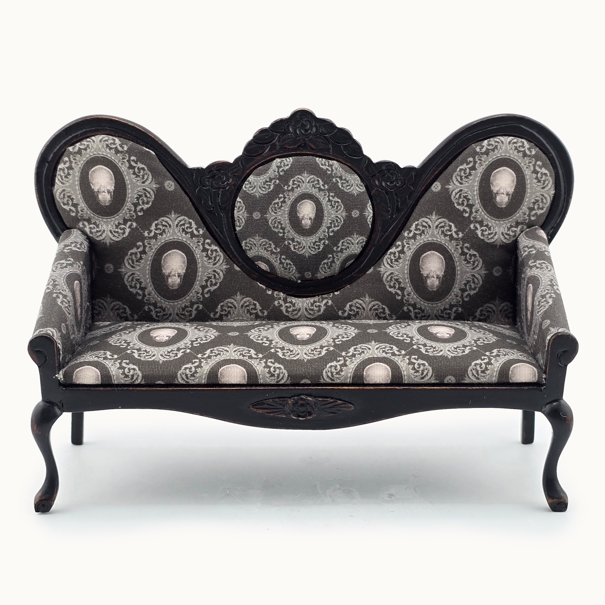 OOAK Upholstered Halloween Skull Gothic Black Victorian Settee Signed W. Krenzke