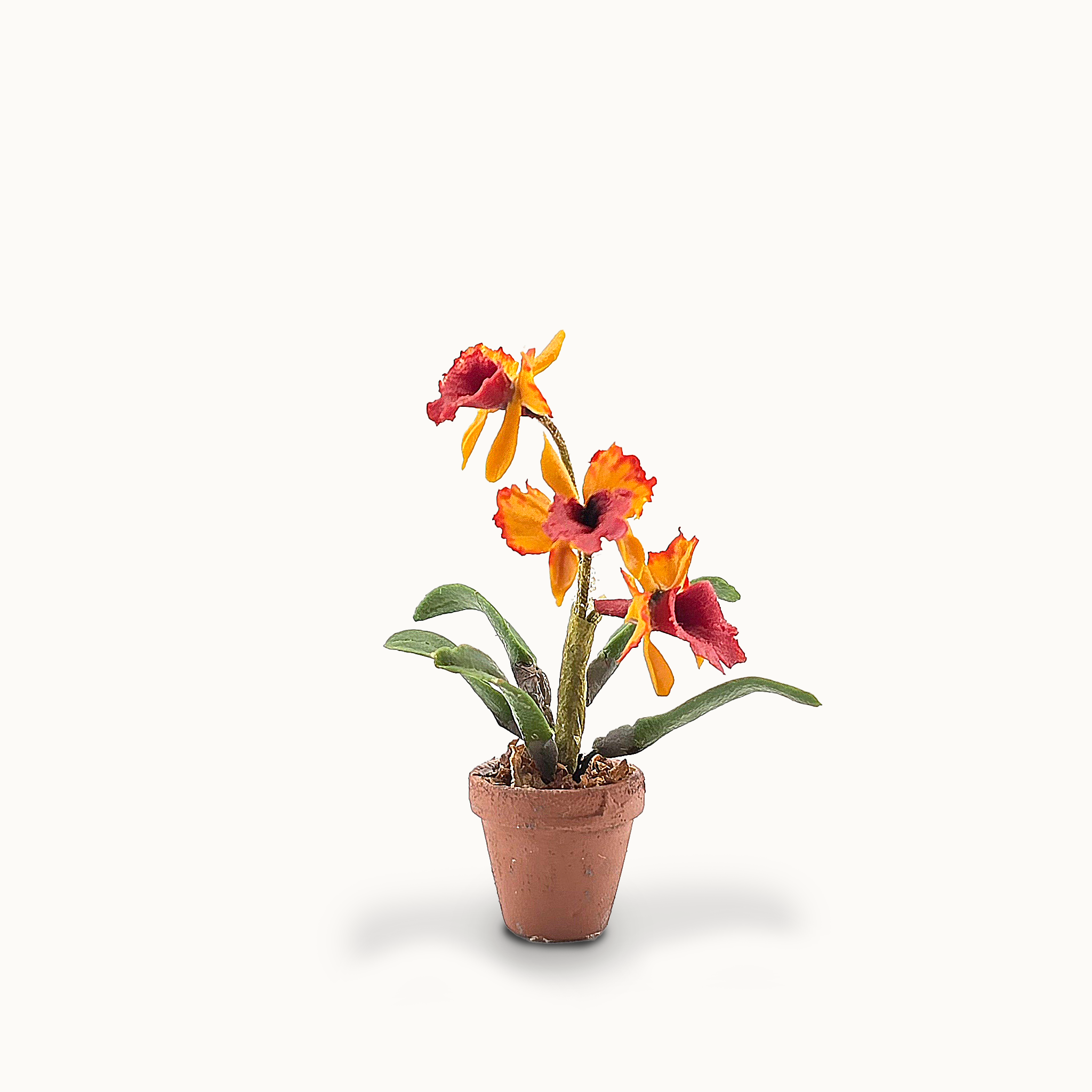 Potted Orange Orchid Hand Sculpted Clay Flowering Houseplant Vintage Artisan