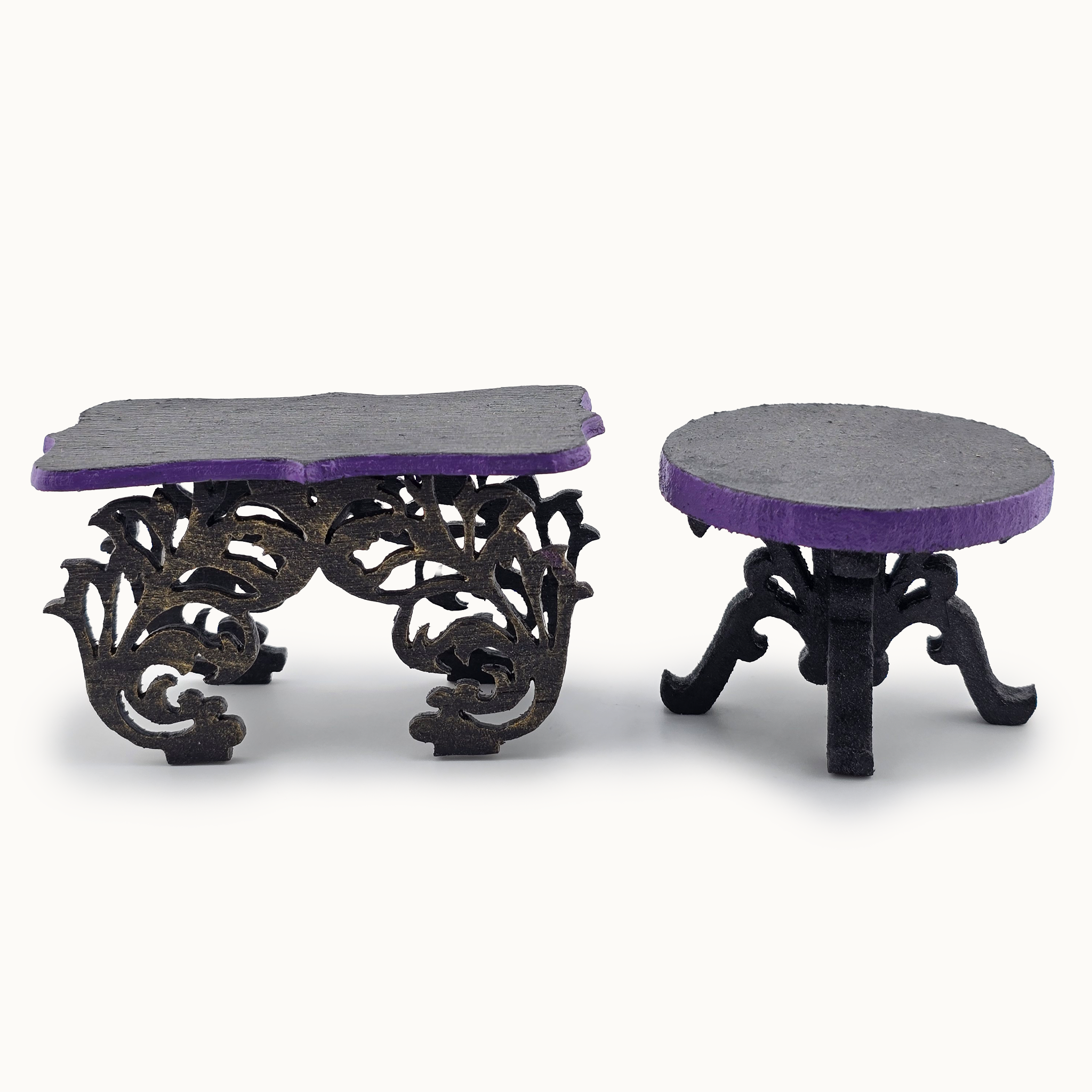 Pair of Ornate Gothic Accent Tables Carved Wood Handmade Furniture in Black & Purple