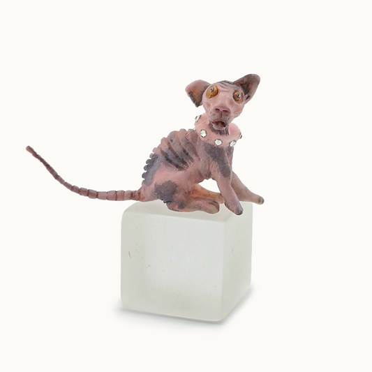 Hairless Spotted Sphynx Pink Grey Cat Spooky OOAK Artisan Miniature Dollhouse Pet Figure