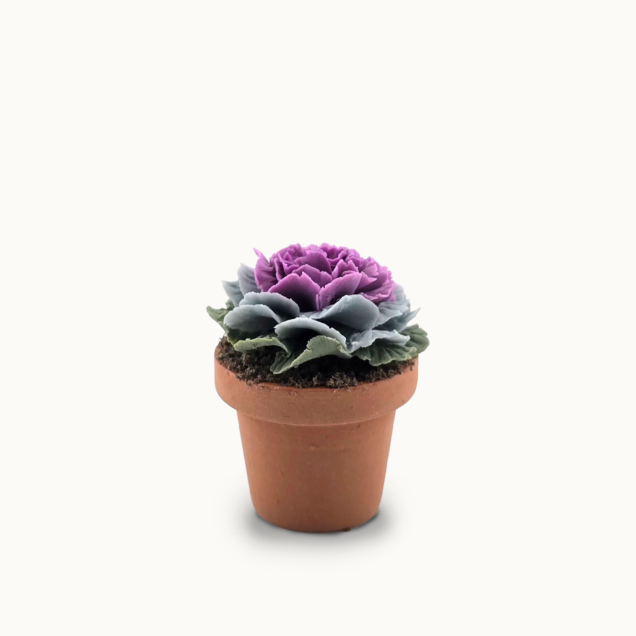 Potted Purple Realistic Ornamental Cabbage Hand Sculpted Clay Flowering Plant Signed
