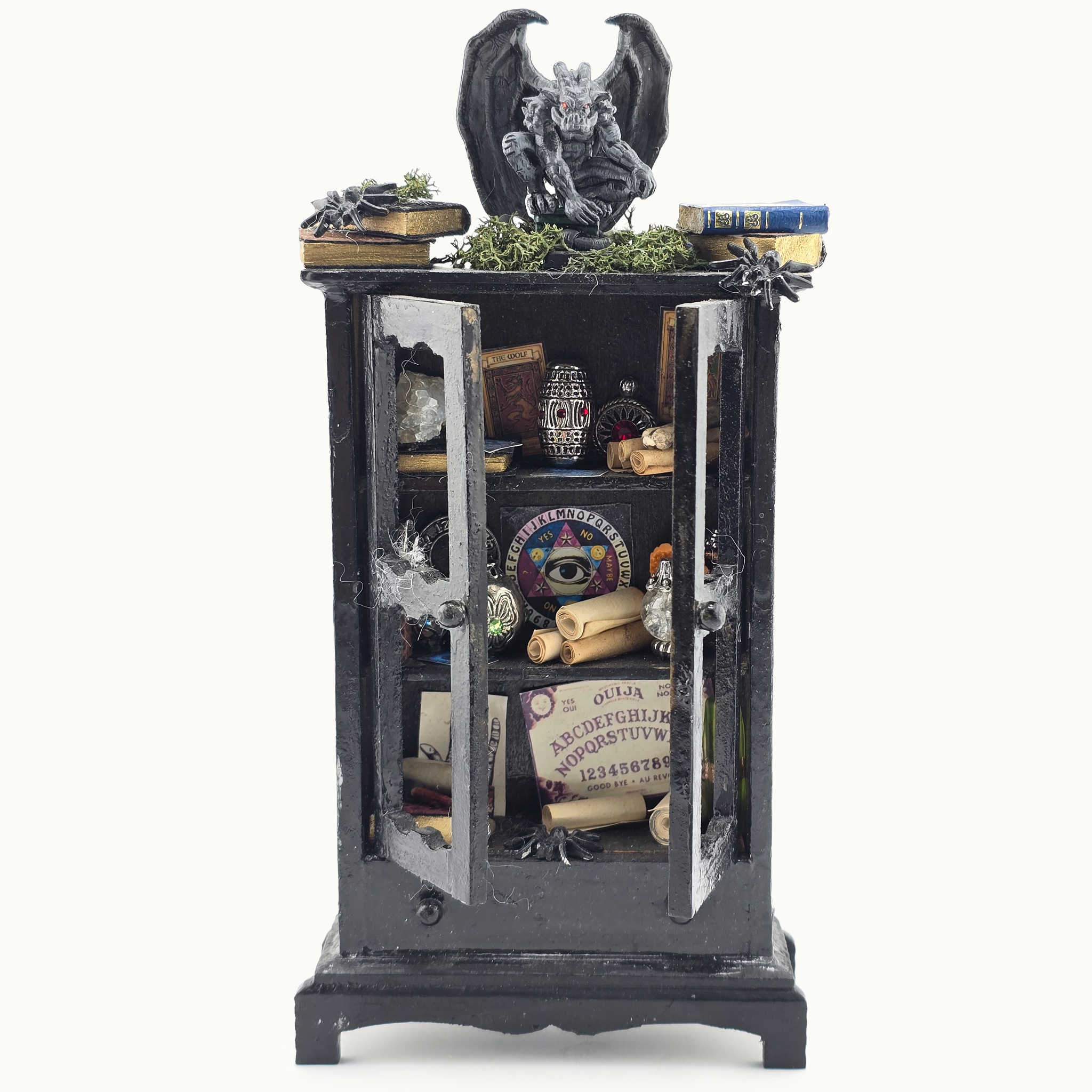 Black Wooden Halloween Curio Cabinet OOAK Miniature with Magical Contents & Gargoyle
