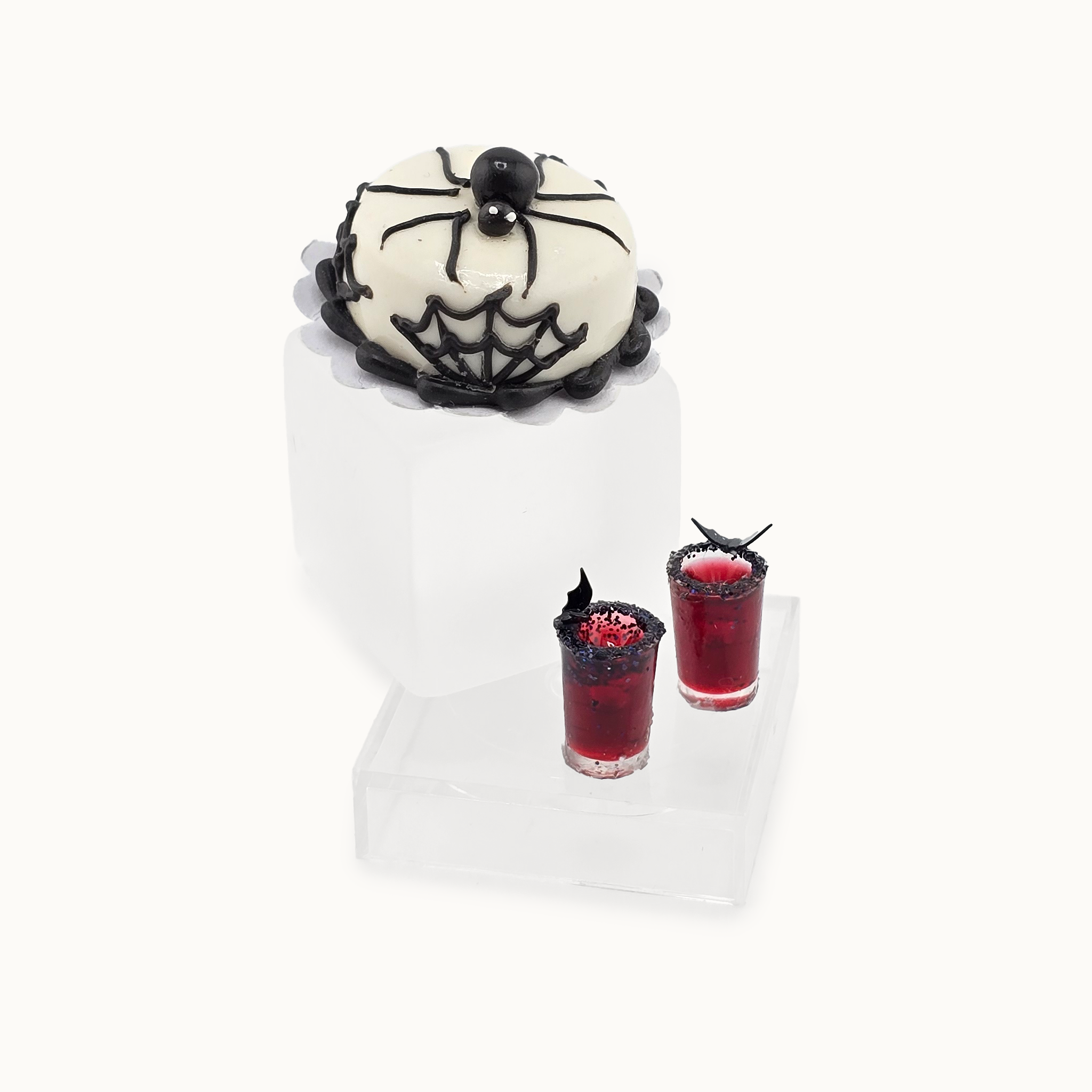 OOAK Miniature Halloween Spider Cake with Web Icing & Drinks with Bat Garnishes