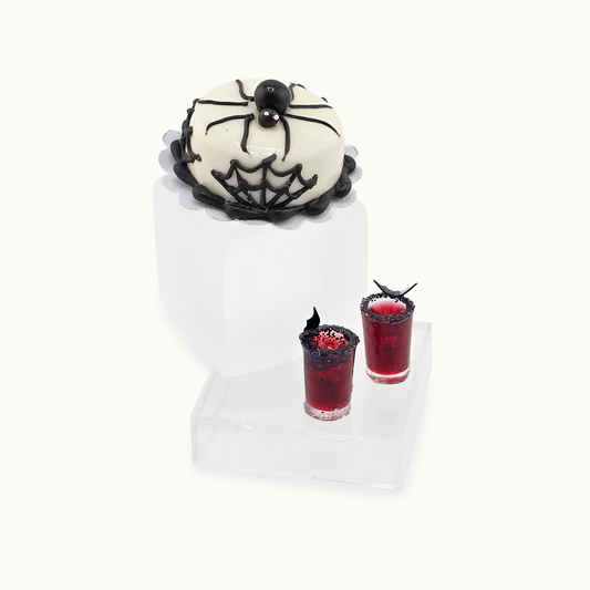 OOAK Miniature Halloween Spider Cake with Web Icing & Drinks with Bat Garnishes