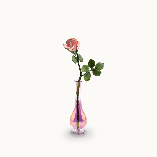 Single Long-Stemmed Enameled Pink Rose in Pink Glass Bud Vase