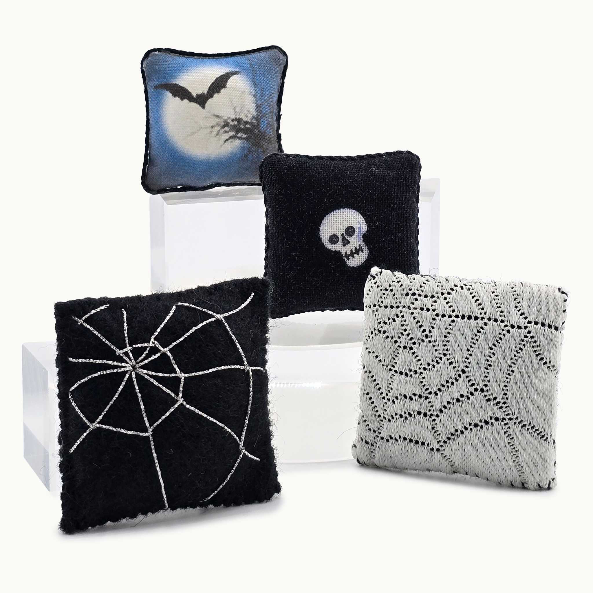 Halloween Pillow Set Artisan Handmade Miniature Spooky Decorative Cushions (Set of 4)