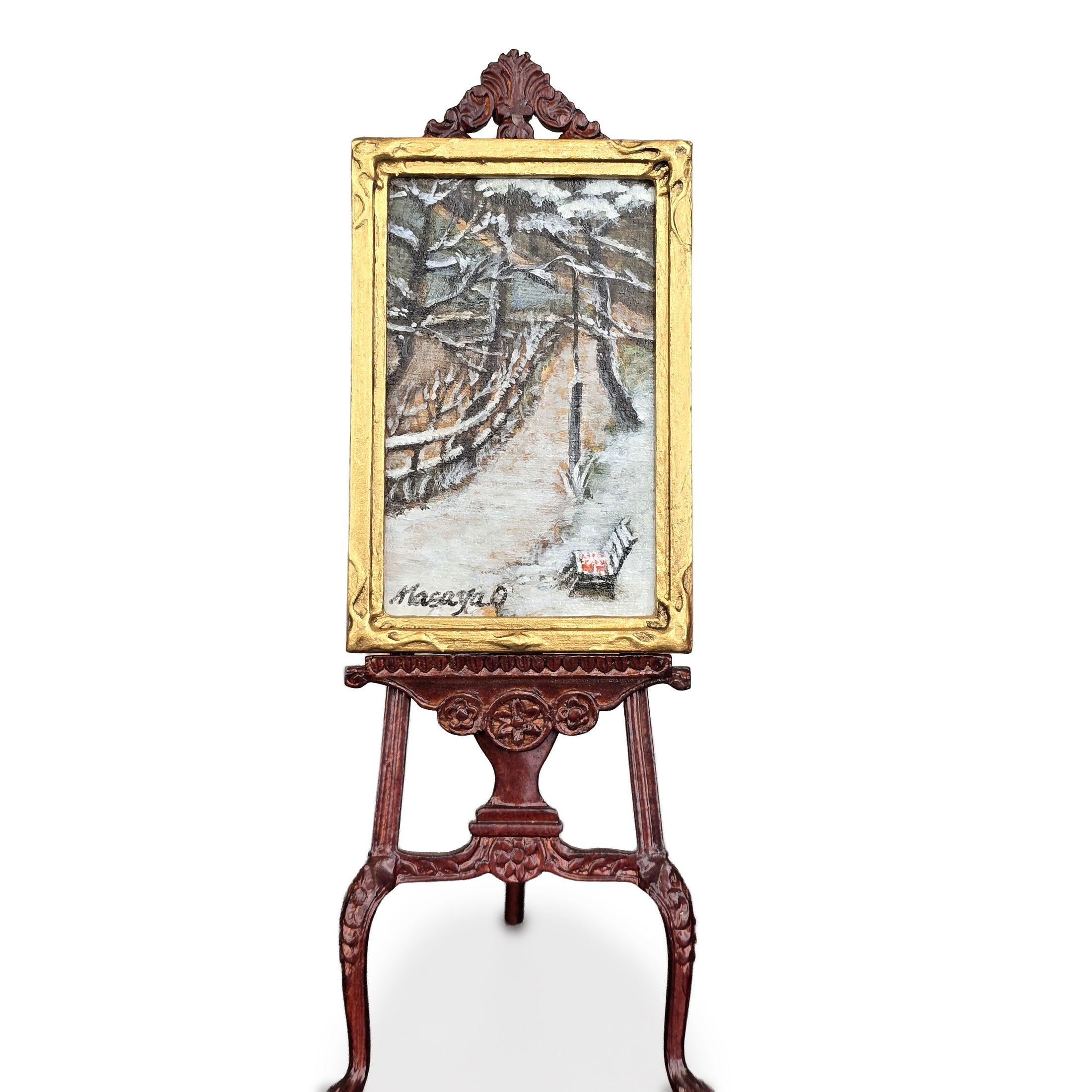 Miniature Dollhouse Artisan Masaya Okada Park Bench in Winter Framed Painting