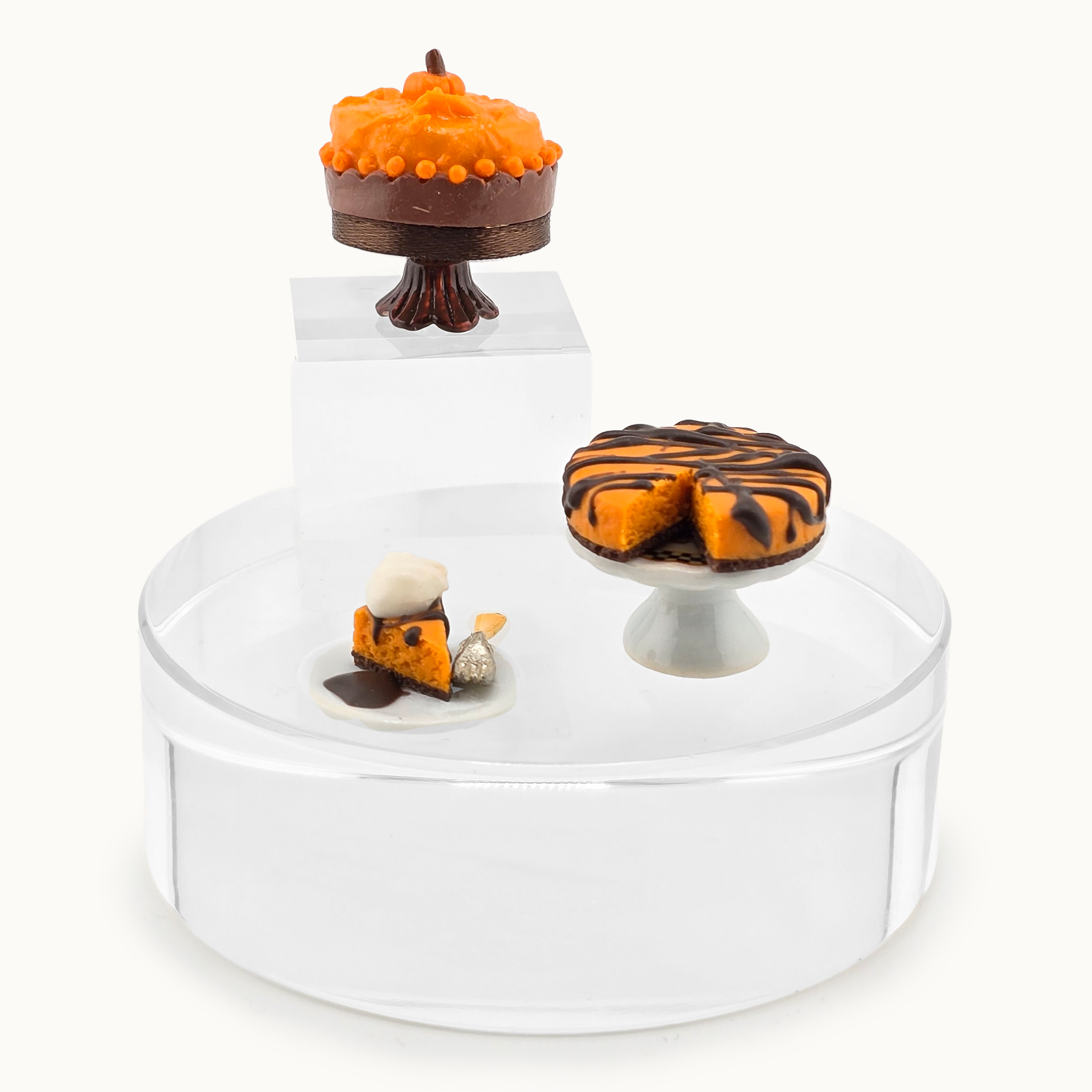 Halloween Autumn Cake & Pumpkin Cheesecake with Plated Slice Miniature Dessert Display