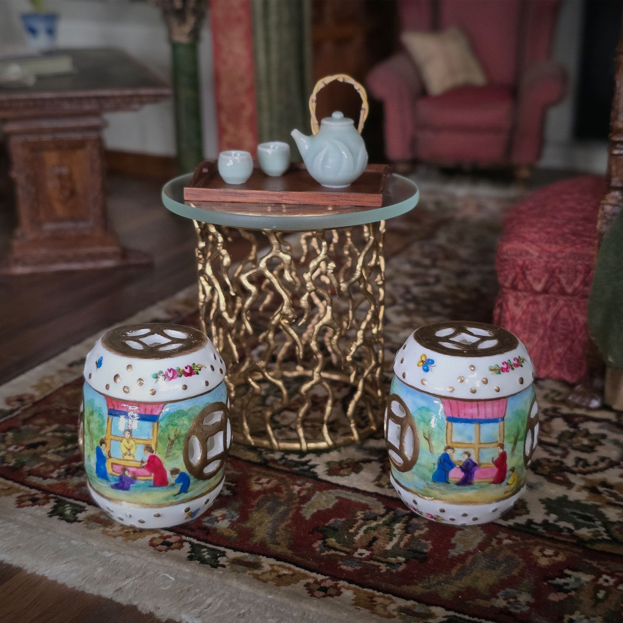 Hand Painted Gilt Chinese Porcelain Chinoiserie Drum Garden Stools Seats