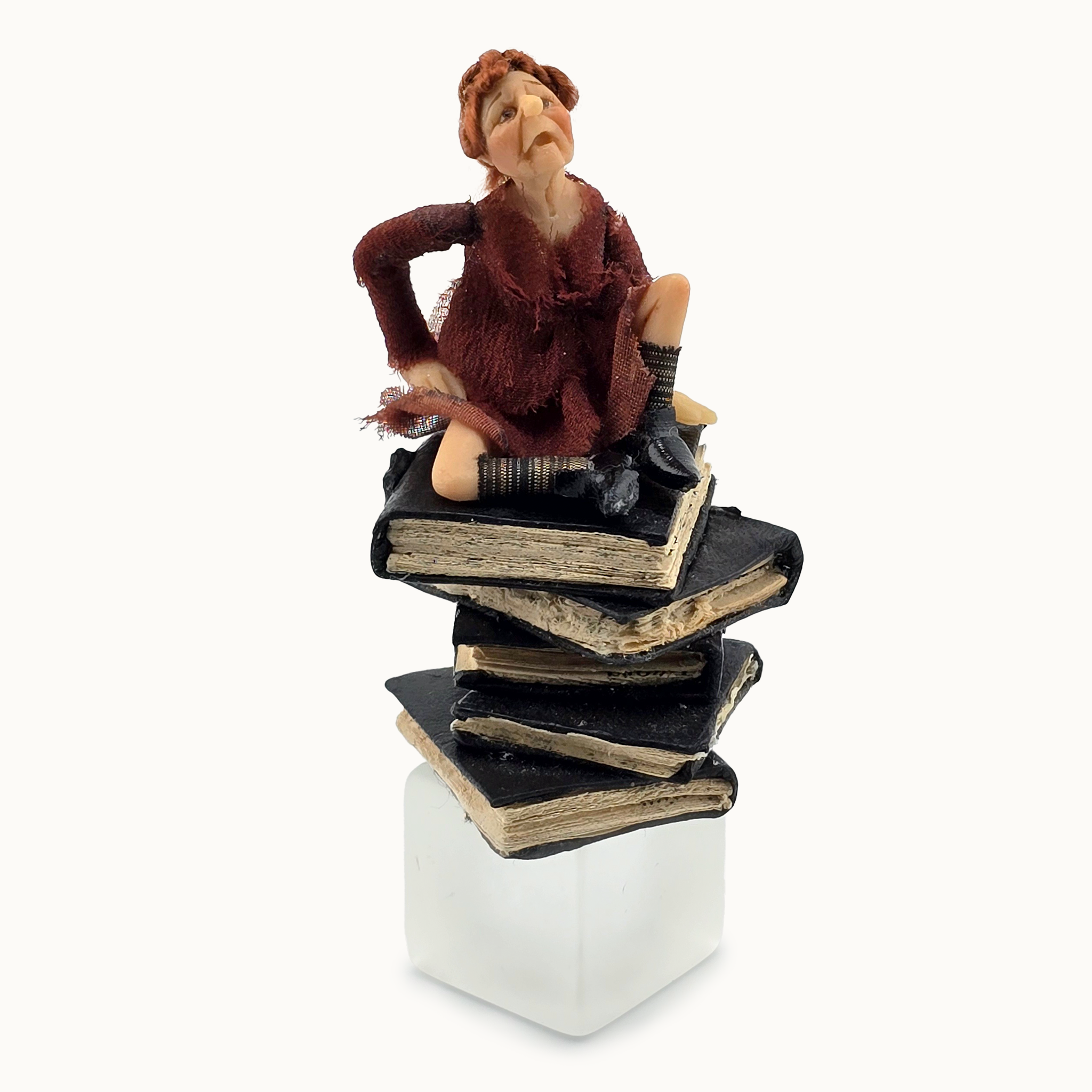 1:24 Scale Older Beggar Woman Clay Figure OOAK Handmade Miniature on Stack of Books