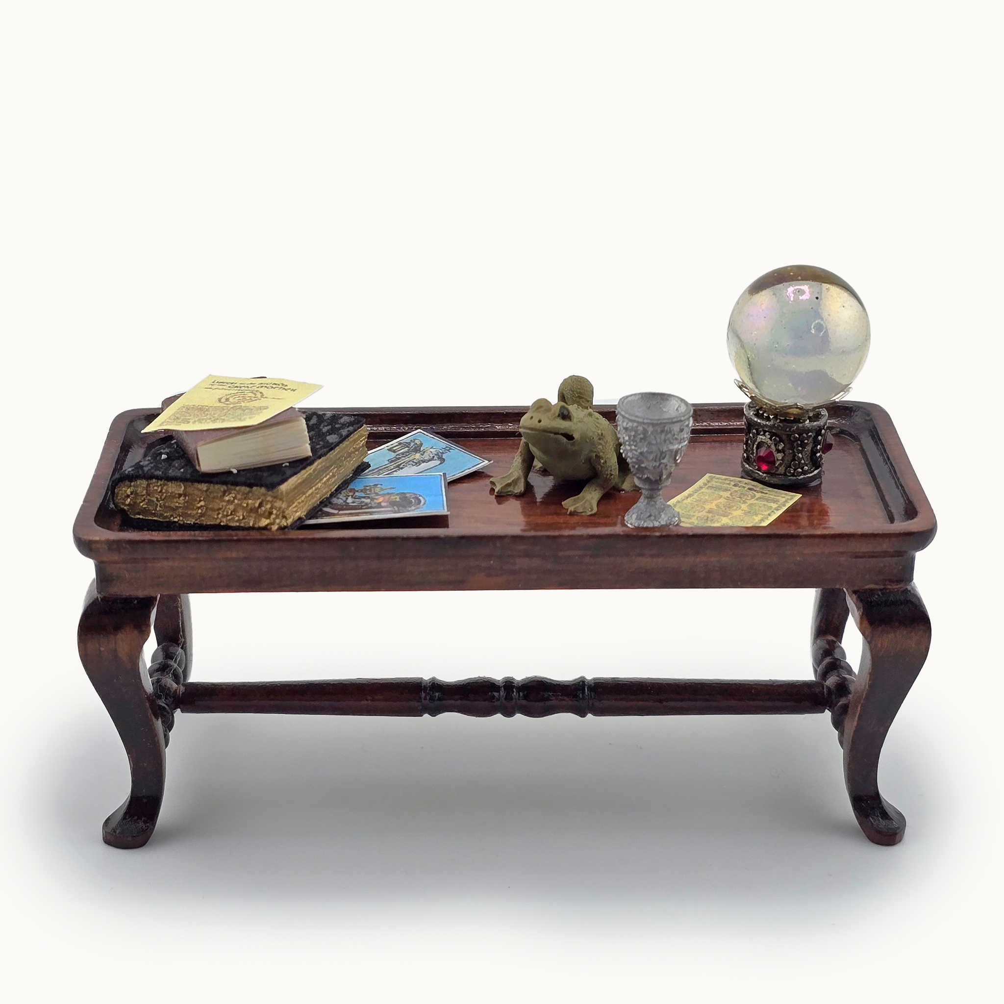 Dressed Halloween Carved Wood Coffee Table Dark Walnut Finish with Chalice, Books, Crystal Ball & Toad