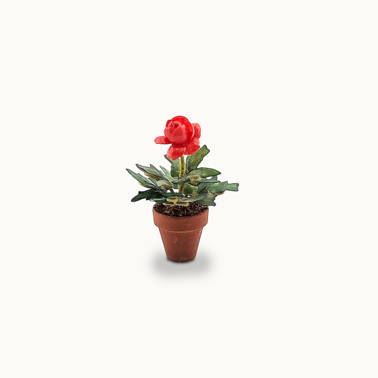 Potted Single Miniature Red Rose Hand Sculpted Porcelain Flower in Planter Vintage
