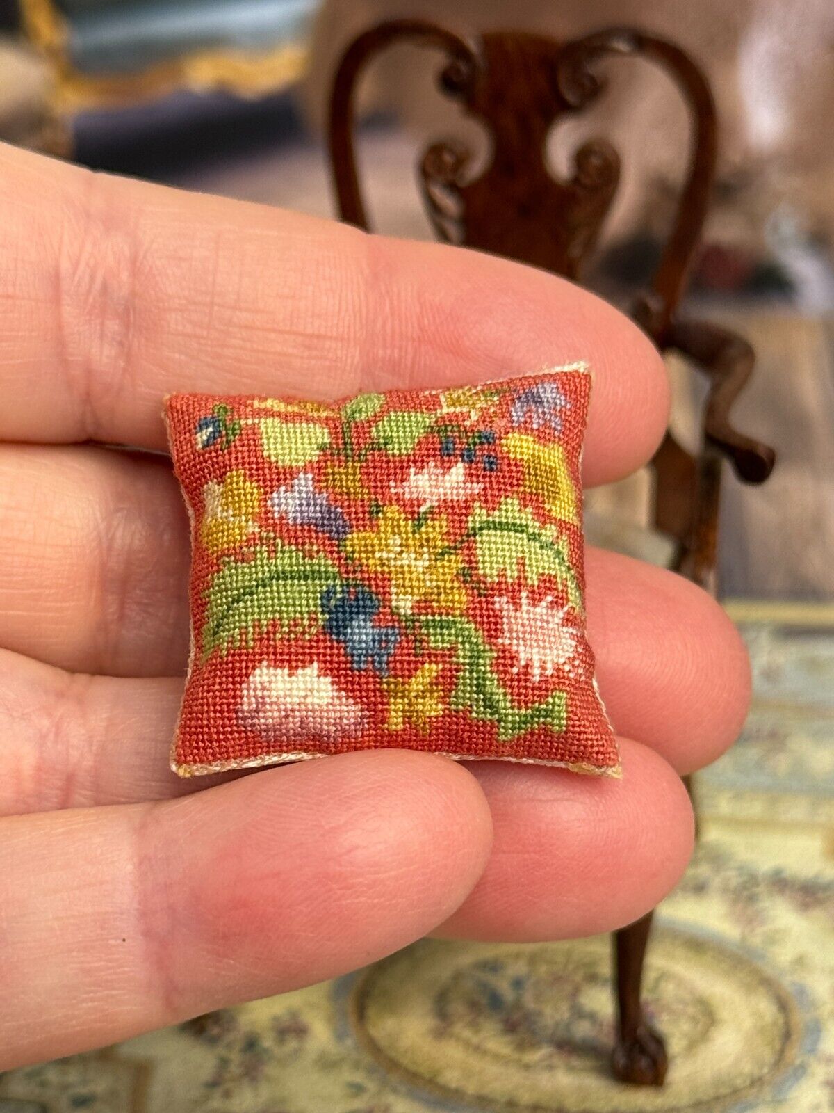 Floral Micro Petit Point Needlepoint Pillow Sharon Garmize OOAK, in hand
