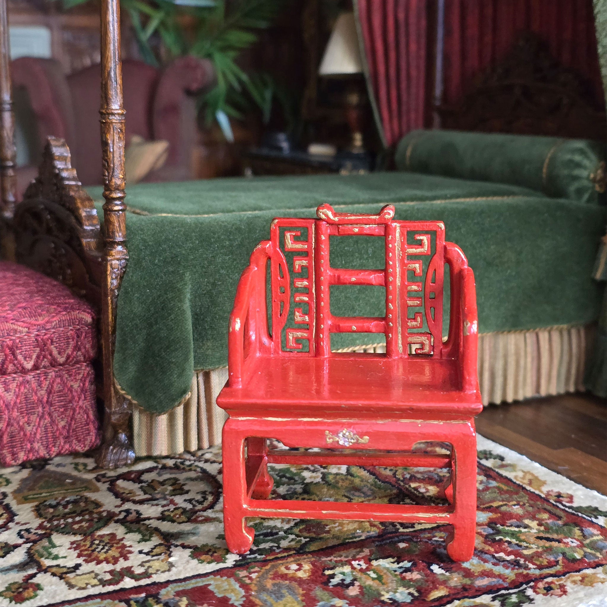 SIGNED Gilt Red Lacquer Chinese Asian Hand Carved Wood Arm Chair (B)