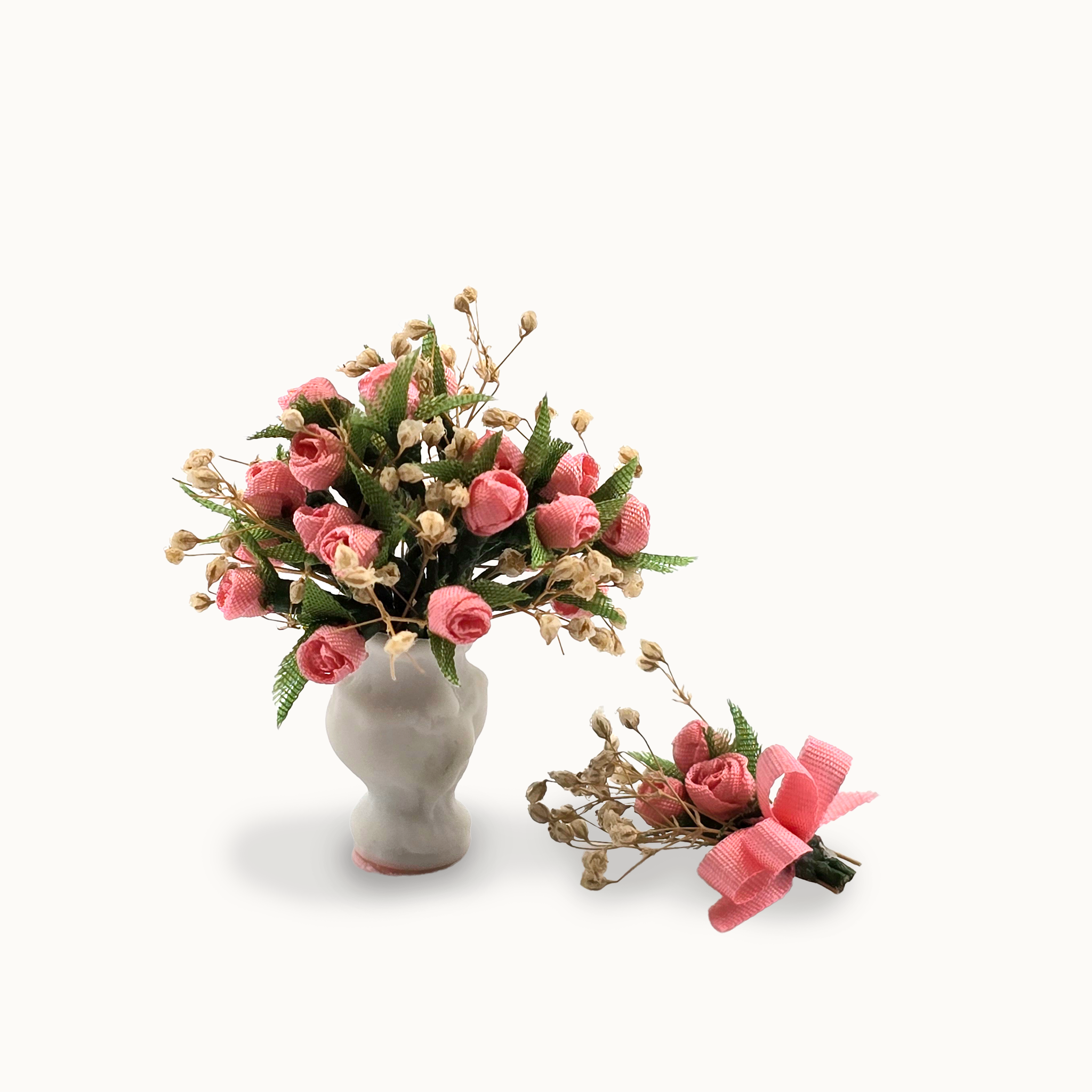 Arlene Bellinger Romantic Pink Rose Bouquet in Bisque Vase & Matching Men's Boutonniere