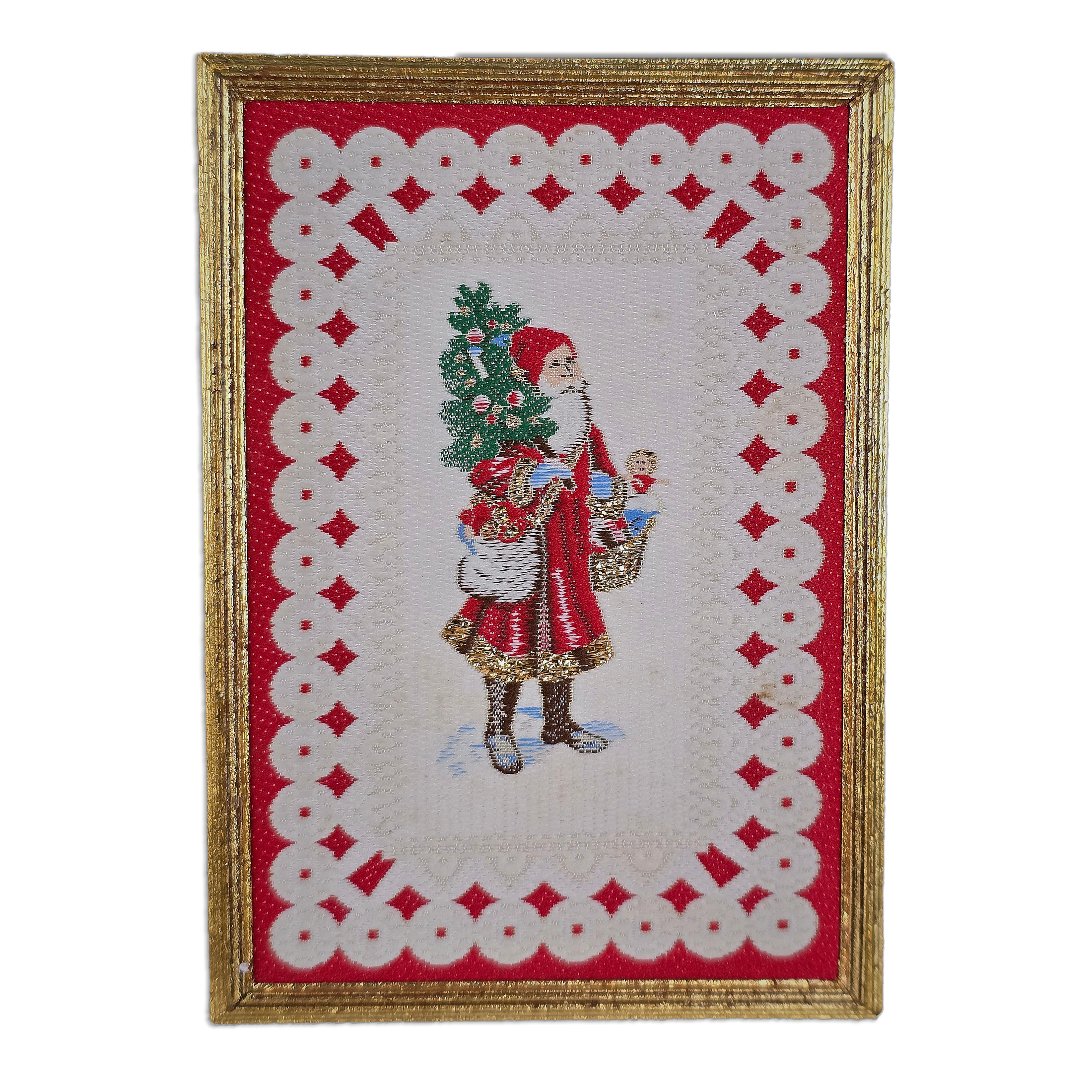 Framed miniature embroidered Victorian Santa Claus, on white background. 