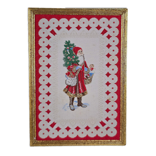 Framed miniature embroidered Victorian Santa Claus, on white background. 