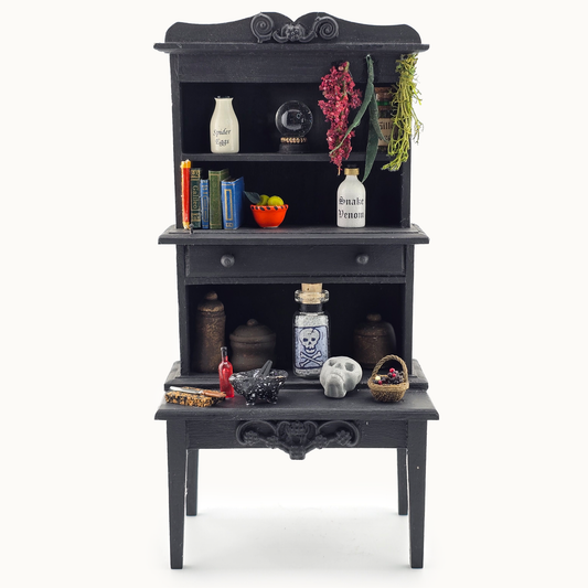 Halloween Witch’s Kitchen Hutch OOAK Black Wood, Dressed with Potion Ingredients